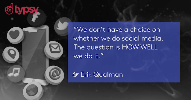 Quote in white text on blue on a black and grey background which features a cellphone surrounded by social media icons.