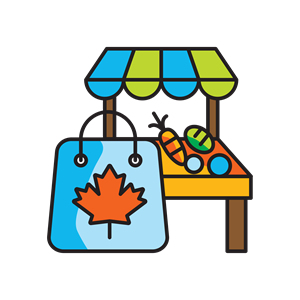 Local vendor stand with produce and maple leaf